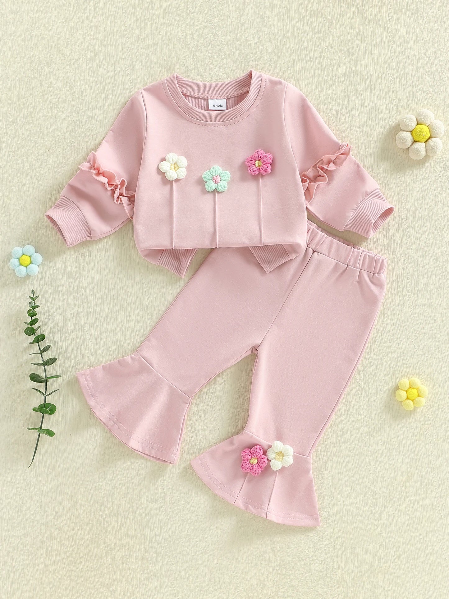 Baby Toddler Girls 2Pcs Spring Outfit Long Sleeve Crew Neck 3D Crochet Flower Decor Top and Bell Bottom Pants Set