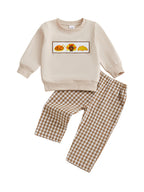 Baby Toddler Boys Girls 2Pcs Thanksgiving Outfit Pumpkin Turkey Pie Long Sleeve Crewneck Top Plaid Elastic Waist Pants Set