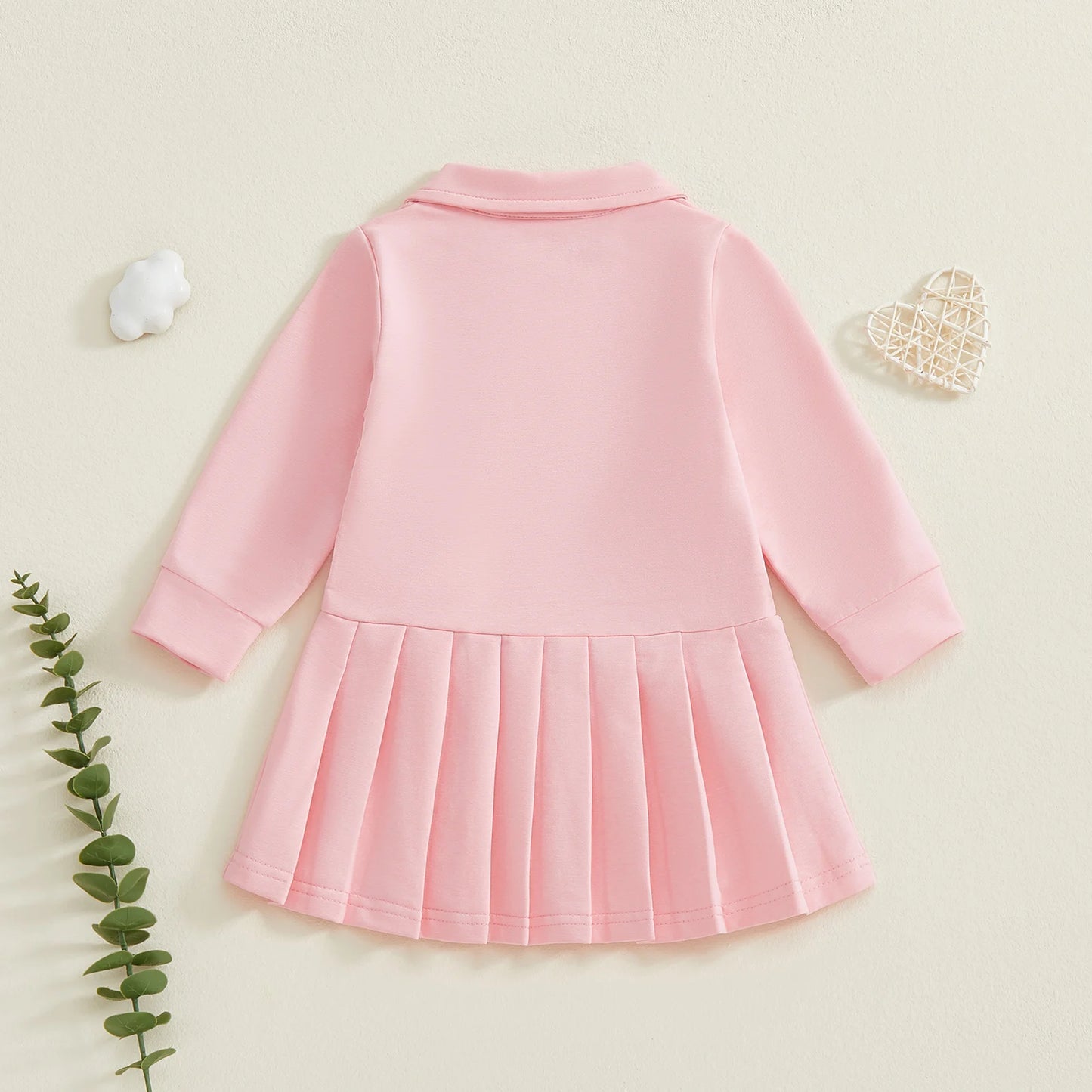 Baby Toddler Girls Casual Dress Long Sleeve Button Closure Embroidery Golf Cart Pleated Fall Dress