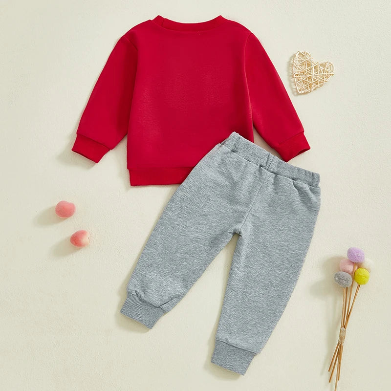 Baby Toddler Boys Girls 2Pcs Valentine's Day Jogger Set Long Sleeve Crew Neck XOXO Embroidery Letters Crewneck Top with Heart Knee Pants Outfit