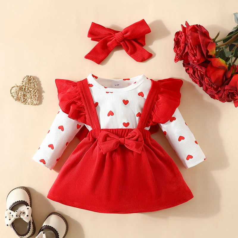 Baby Girls 3Pcs Valentine's Day Clothes Sets Heart Print Long Sleeve Romper with Suspender Skirt Bow Headband