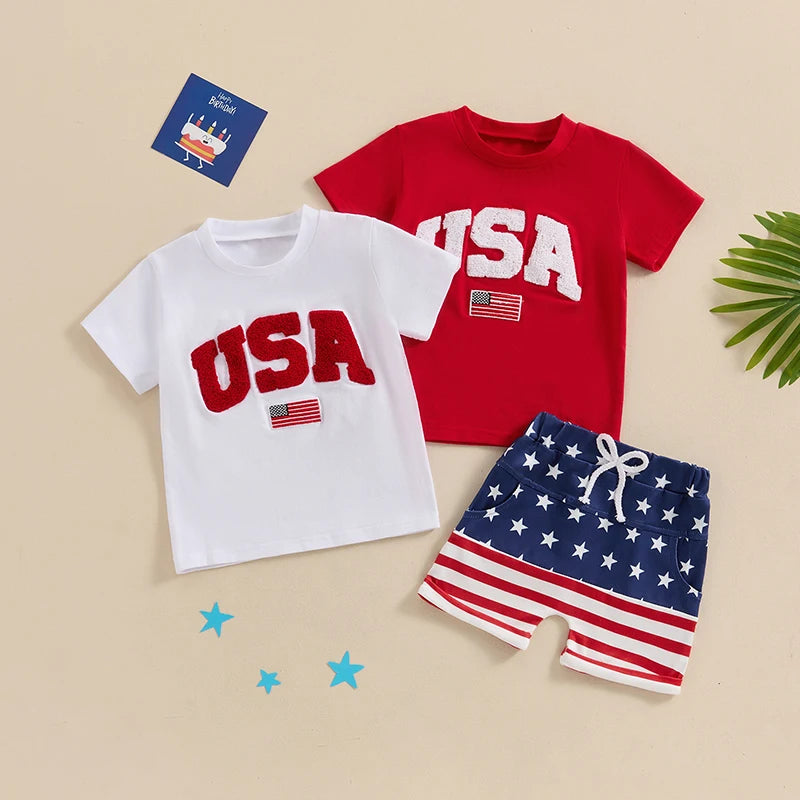 Toddler Baby Boy 2Pcs 4th of July Outfit USA Letter Print O-Neck Short Sleeve TopsElastic Waist Stars and Stripes Flag Shorts Summer Outfit Set