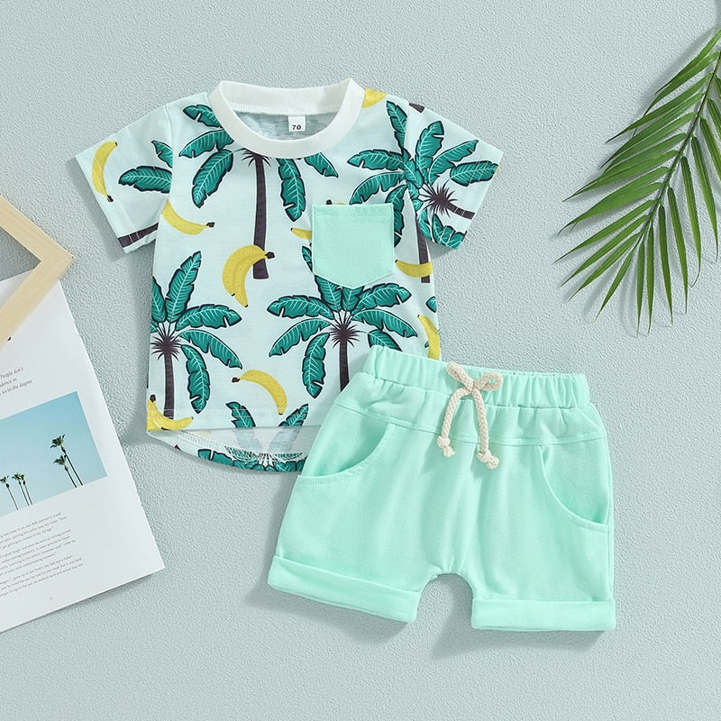 Toddler Baby Boy 2Pcs Palm Tree Print Short Sleeve Crew Neck T-Shirts Shorts Outfit