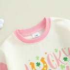 Baby Girls Lucky Girl Spring St. Patrick's Day Bubble Romper Long Sleeve Crewneck Shamrock Horseshoe Print Bodysuit