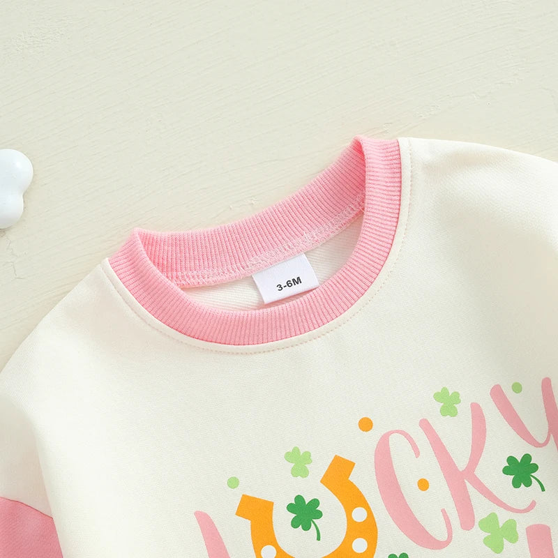 Baby Girls Lucky Girl Spring St. Patrick's Day Bubble Romper Long Sleeve Crewneck Shamrock Horseshoe Print Bodysuit