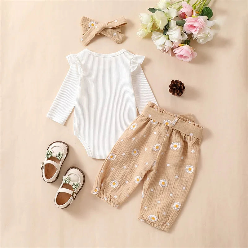 Baby Girl 3Pcs Solid Ribbed Ruffle Romper Long Sleeve Daisy Print Pants and Bow Headband Set