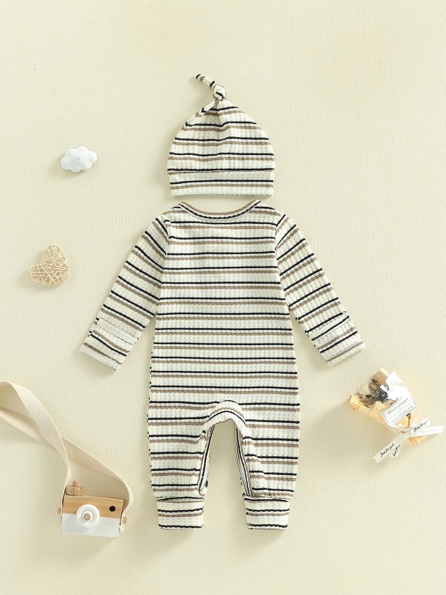 Baby Boy Girl 2Pcs Outfit Striped Long Sleeve Romper and Knotted Hat Spring Set