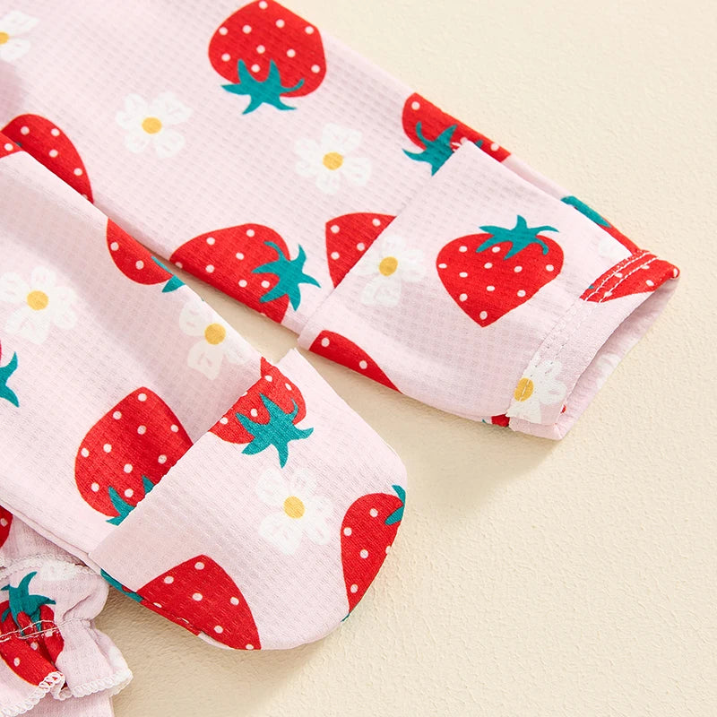 Baby Girls 2Pcs Long Sleeve Strawberry Flower Butterfly Print Frills Zipper Footies Jumpsuit and Headband Romper Set