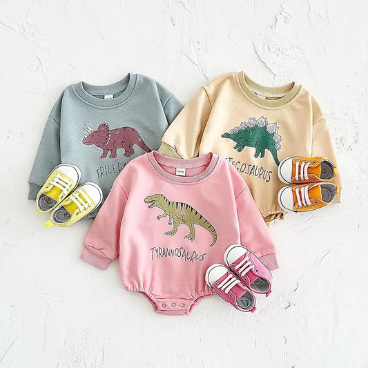 Baby Boys Girls Long Sleeve Bodysuit Cartoon Dinosaur Stegosaurus Tyrannosaurus Triceratops Letter Print Bubble Romper Autumn