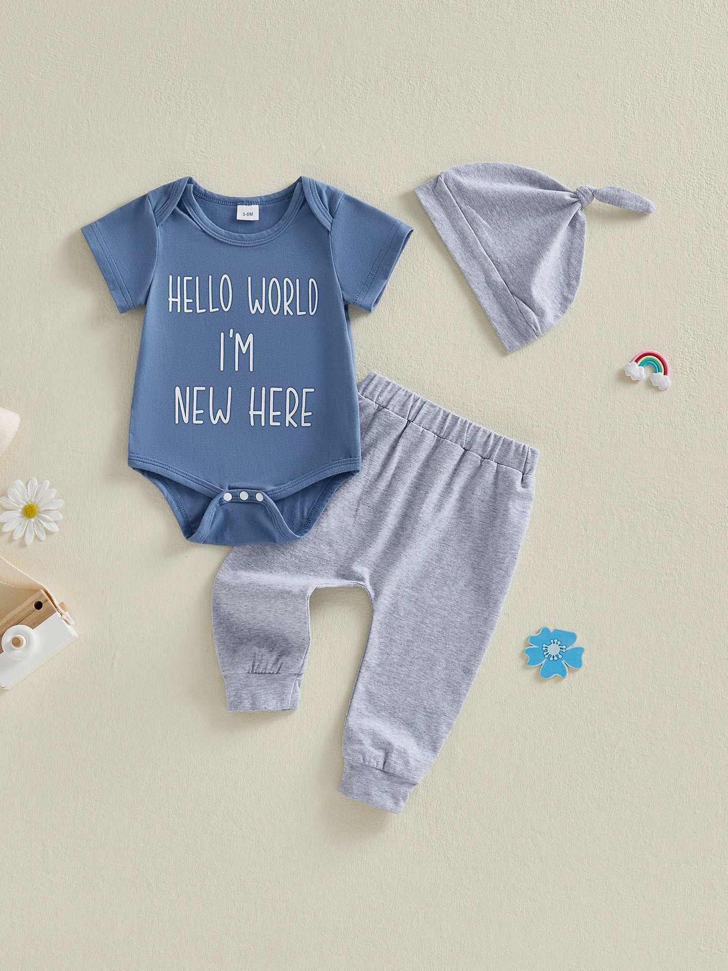 Baby Boy 3Pcs Hello World I'm New Here Summer Outfit Letter Print Crew Neck Short Sleeve Romper Pants and Hat Set