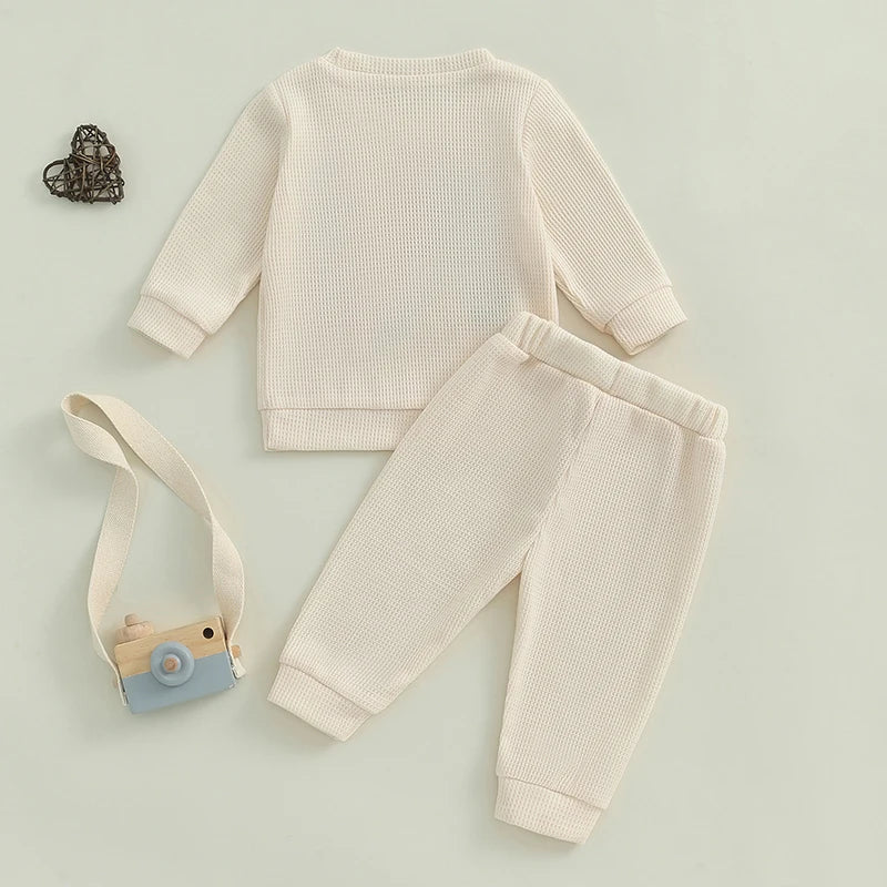 Baby Toddler Girls Boys 2Pcs Cousin Crew Set Long Sleeve O-Neck Embroidery Letter Top with Elastic Waist Pants Outfit Set