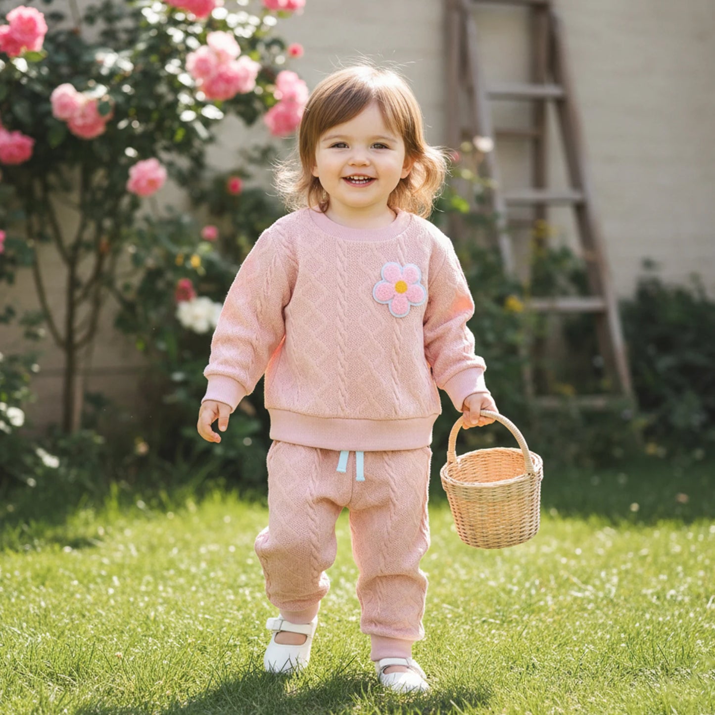 Baby Toddler Girls 2 Piece Outfits Creative Flower Embroidery Long Sleeve Crew Neck Top and Elastic Waist Pants Jogger Set