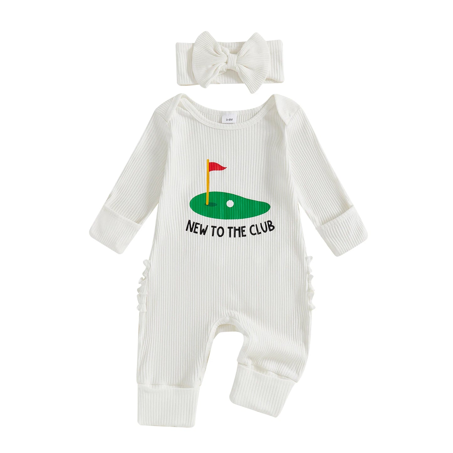 Baby Girl 2Pcs Fall Outfit Golf Goose Bee Print New to the Hive / Club Long Sleeve Ribbed Romper with Bow Headband 2Piece Set