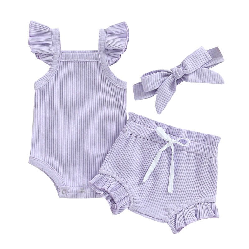 Baby Toddler Girls 3Pcs Flutter Sleeve Solid Romper Tops Drawstring Short Pants Headband Outfit