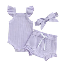 Load image into Gallery viewer, Baby Toddler Girls 3Pcs Flutter Sleeve Solid Romper Tops Drawstring Short Pants Headband Outfit
