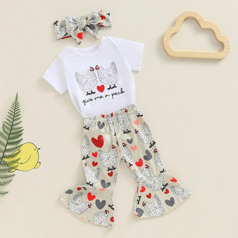 Baby Girls 3Pcs Give Me A Peck / Professional Chicken Chaser Short Sleeve Romper Chicken Print Flared Pants Headband Set Outfit