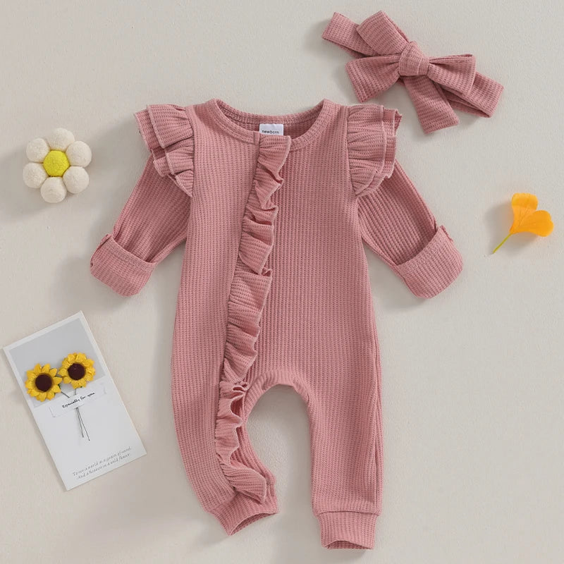 Baby Girl 2Pcs Clothes Ruffle Zipper Romper Long Sleeve Jumpsuit with Bow Headband