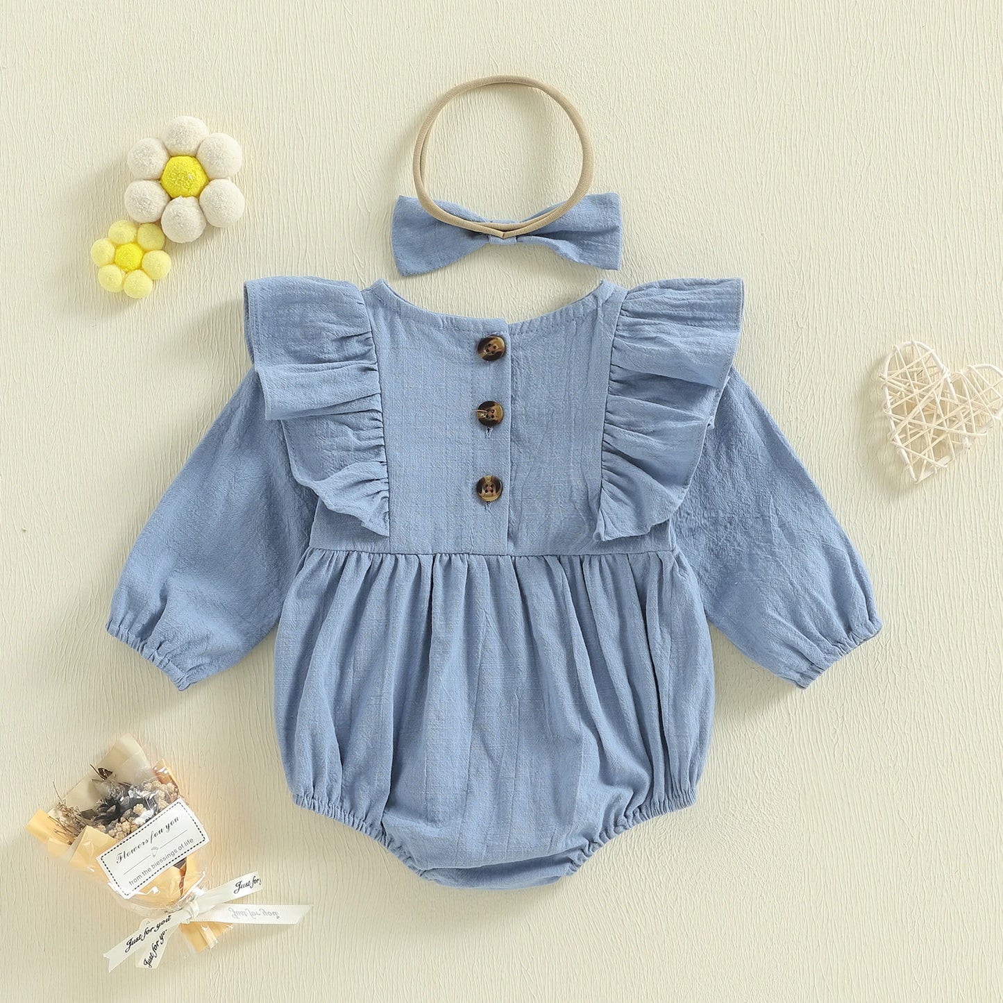 Baby Girl 2Pcs Spring Romper Solid Color Long Sleeves Round Neck Ruffled Bodysuit and Matching Bow Headband Set