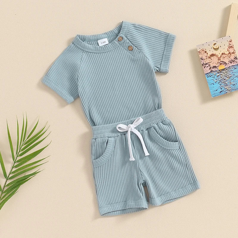 Baby Toddler Boys 2Pcs Summer Outfits Ribbed Solid Color Short Sleeve Top and Shorts Vacation Clothes Set