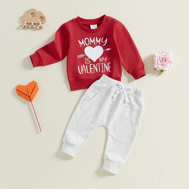 Baby Toddler Boys Girls 2Pcs Mommy Is My Valentine Valentine's Day Outfit Letter Print Long Sleeve Crewneck Top and Elastic Pants Jogger Set Valentines