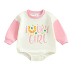 Baby Girls Lucky Girl Spring St. Patrick's Day Bubble Romper Long Sleeve Crewneck Shamrock Horseshoe Print Bodysuit