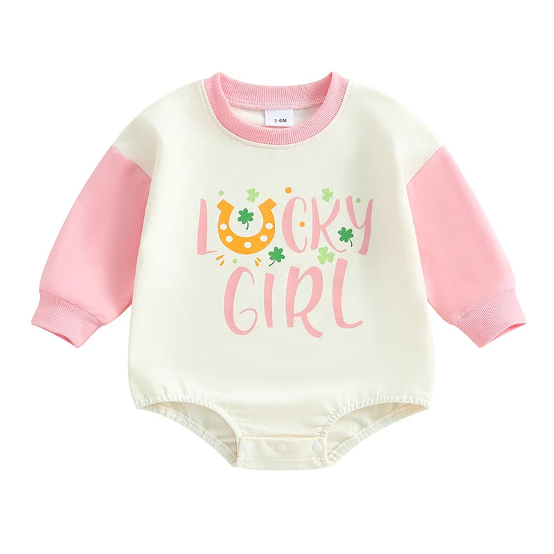 Baby Girls Lucky Girl Spring St. Patrick's Day Bubble Romper Long Sleeve Crewneck Shamrock Horseshoe Print Bodysuit