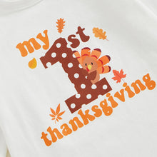 Load image into Gallery viewer, Baby Girls 3Pcs My 1st Thanksgiving / Daddy&#39;s Little Turkey Outfit Long Sleeve Romper + Polka Dots/Turkey Print Pants + Headband Fall Set
