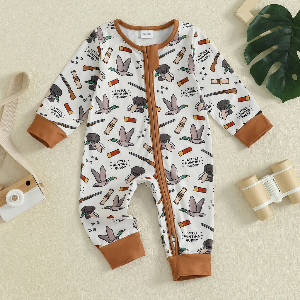 Baby Boys Autumn Casual Jumpsuit Long Sleeve Crewneck Deer Duck Print Zipper Romper