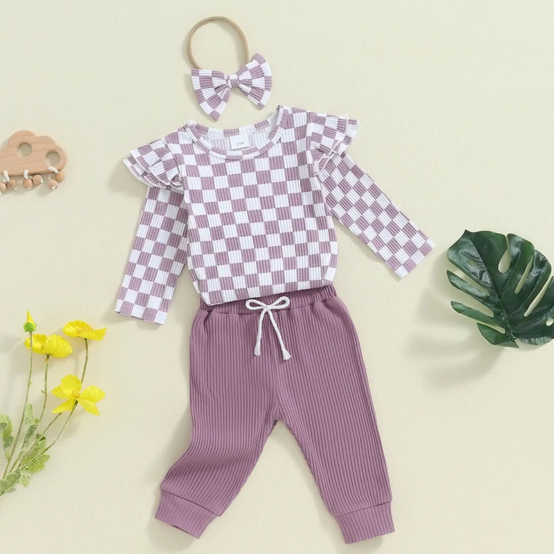 Baby Girls 3Pcs Fall Outfit Checkered Print Long Sleeve Romper Solid Color Long Pants Headband Set