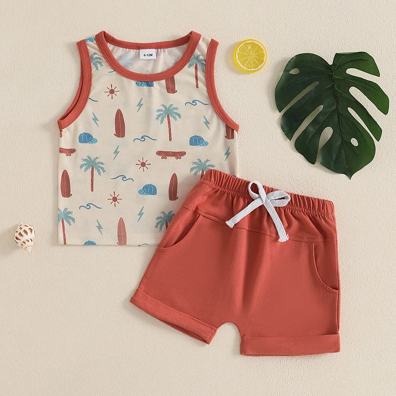 Baby Toddler Boys 2Pcs Summer Clothes Sleeveless Pattern Sea Turtles Palm Tree Waves Print Tank Top Solid Shorts Set Beach Outfit