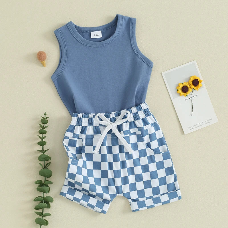 Baby Toddler Boys 2Pcs Clothes Solid Color Sleeveless Tank Top Checkered Shorts Outfit Set