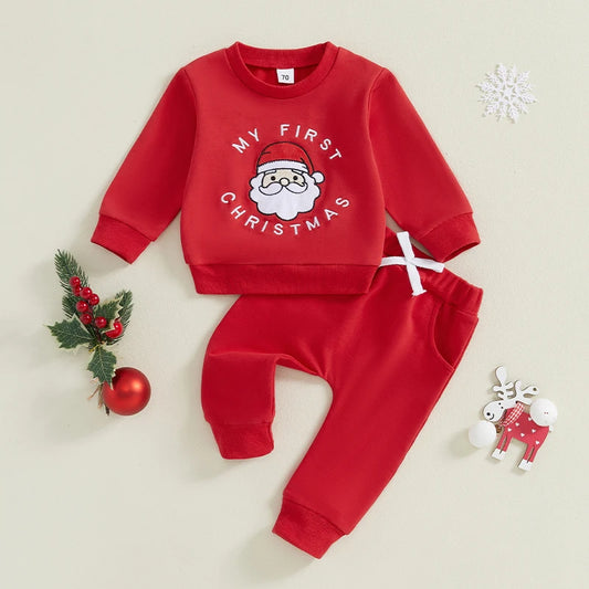 Baby Toddler Girl Boy 2Pcs My First Christmas Outfit Santa Claus Letter Embroidery Long Sleeve Crewneck Top with Solid Pant Jogger Set