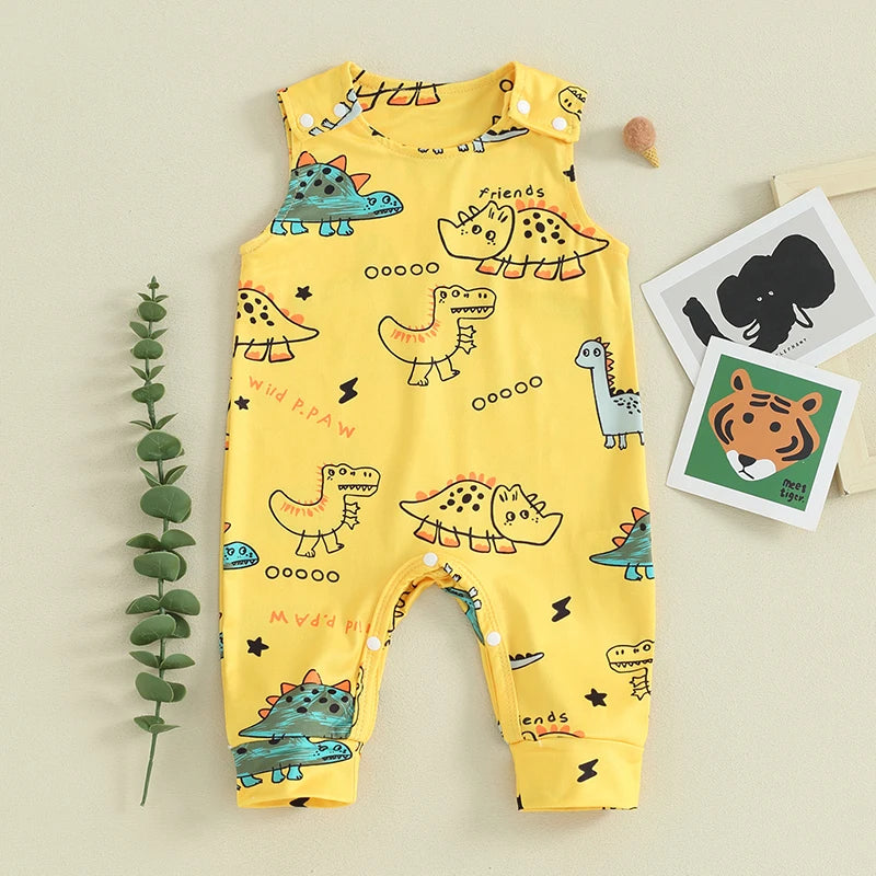 Baby Boys Summer Casual Jumpsuit Sleeveless Dinosaur Cartoon Print Button Romper