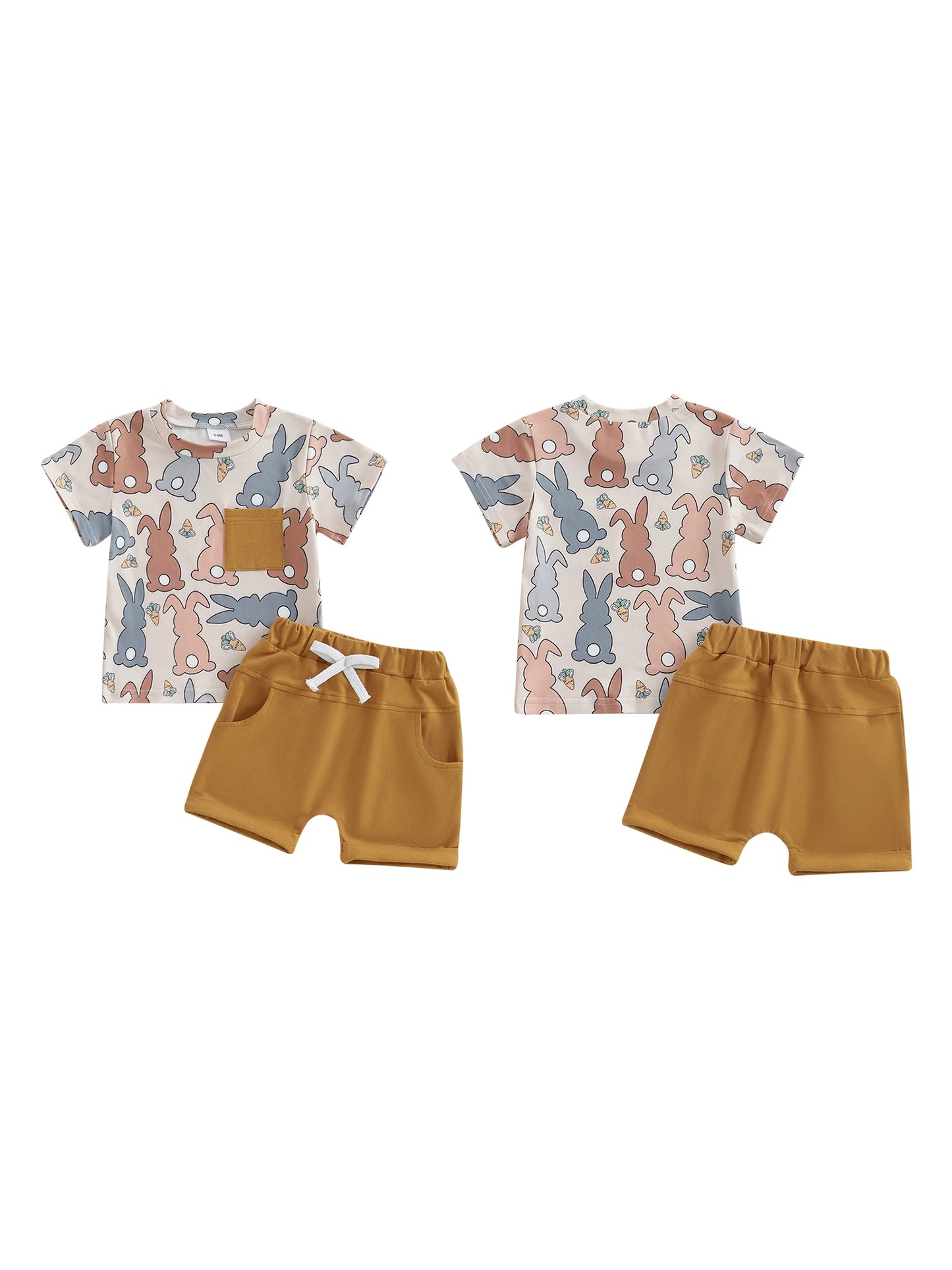 Baby Toddler Boys 2Pcs Easter Shorts Set Carrot Bunny Print Short Sleeve Round Neck Top Elastic Waistband Shorts