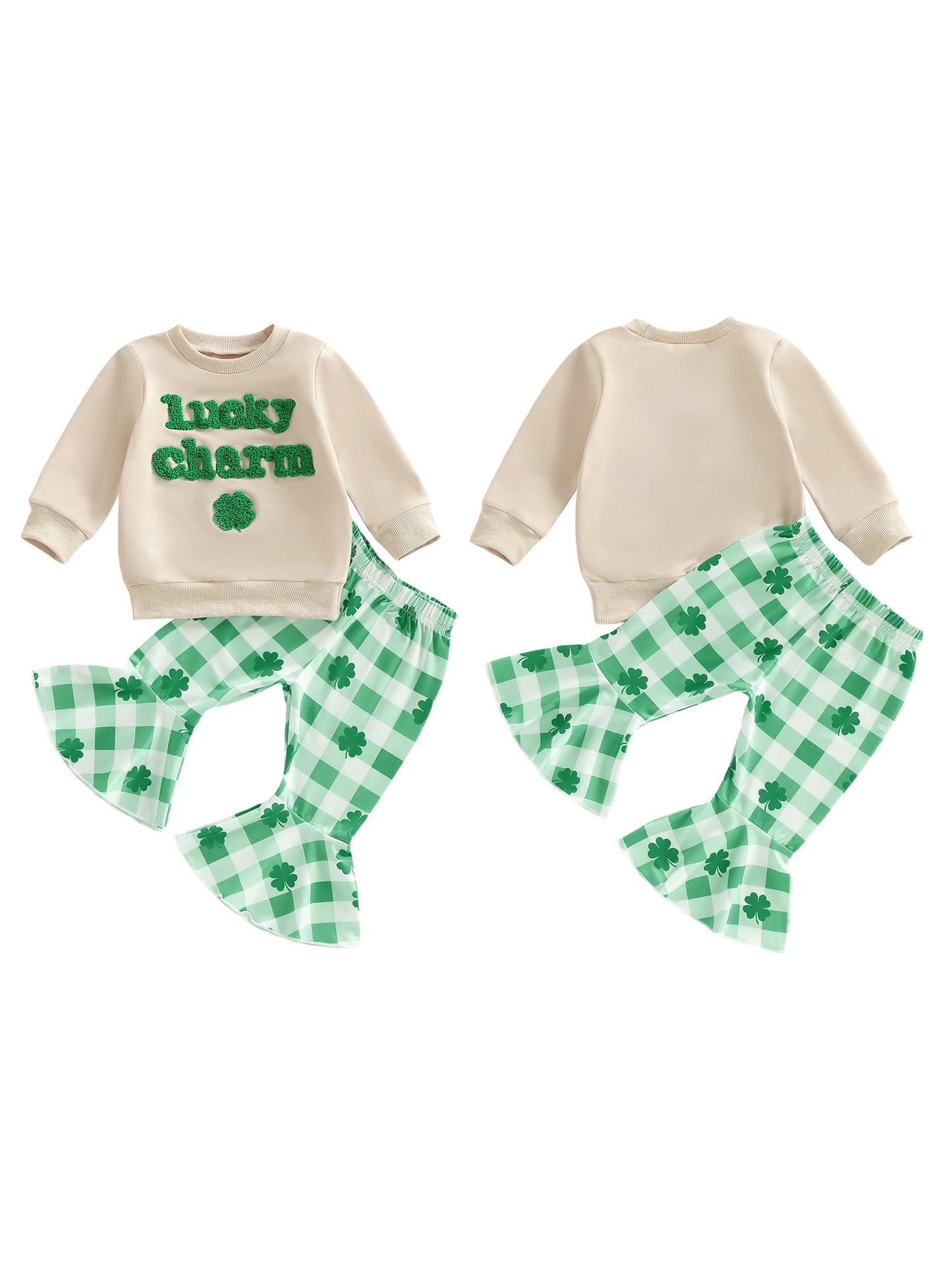 Baby Toddler Girls 2Pcs Lucky Charm Outfit Letter Embroidery Long Sleeve Round Neck Pullover Top Elastic Waist Plaid Flare Pants St. Patrick's Day Set
