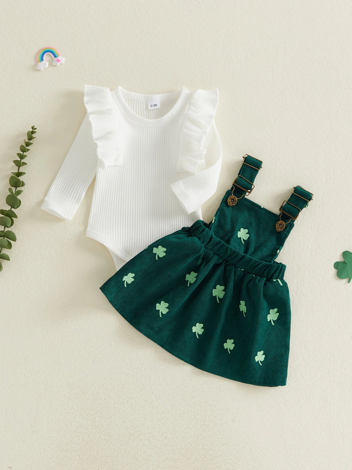 Baby Girl 2Pcs St. Patrick's Day Outfit Ruffle Long Sleeve Crew Neck Solid Color Romper and Shamrock Print Overall Dress Set