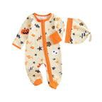 Baby Boys Girls 2Pcs Halloween Outfit Pumpkin Long Sleeve Zip-up Footed Zipper Romper and Knot Hat Fall Set