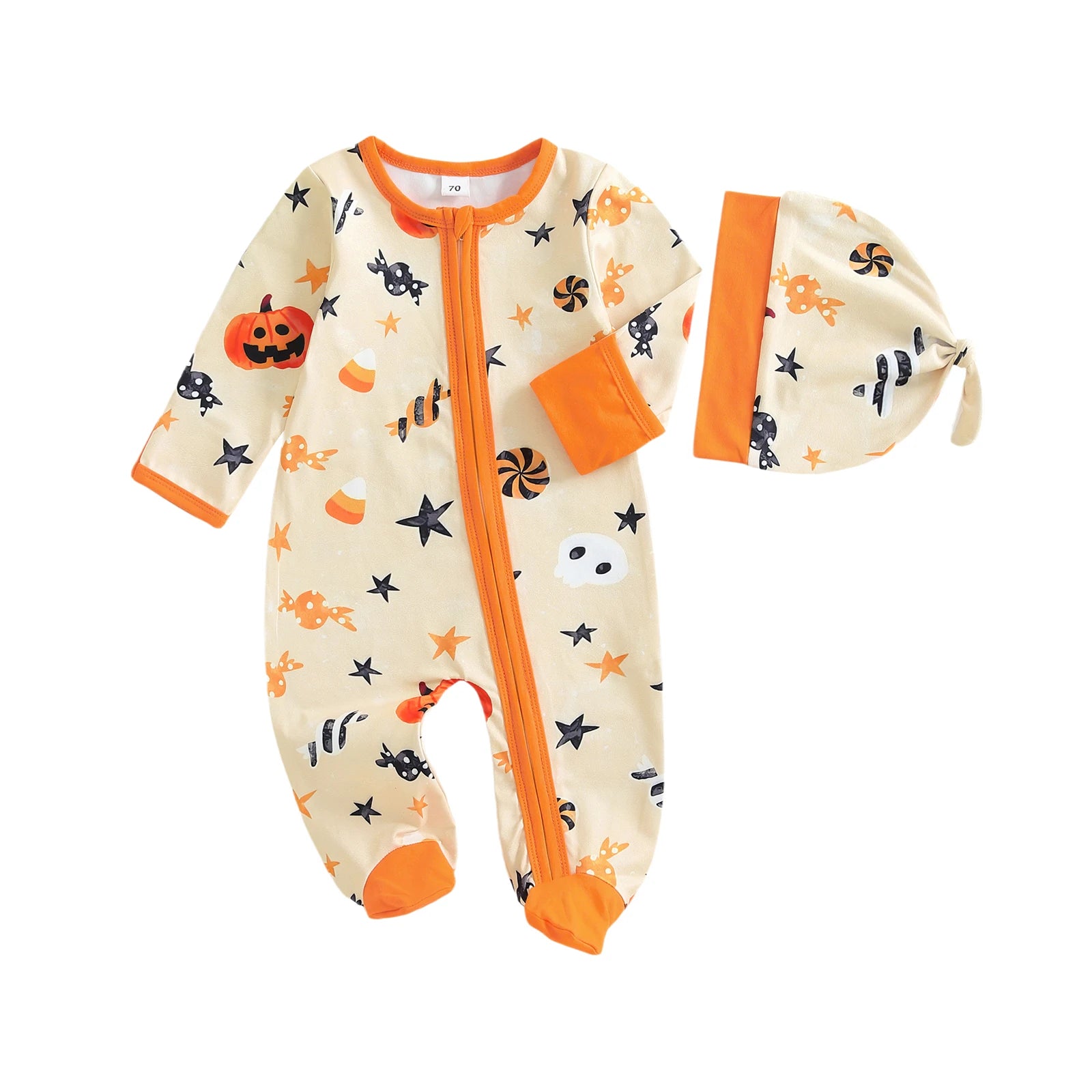 Baby Boys Girls 2Pcs Halloween Outfit Pumpkin Long Sleeve Zip-up Footed Zipper Romper and Knot Hat Fall Set