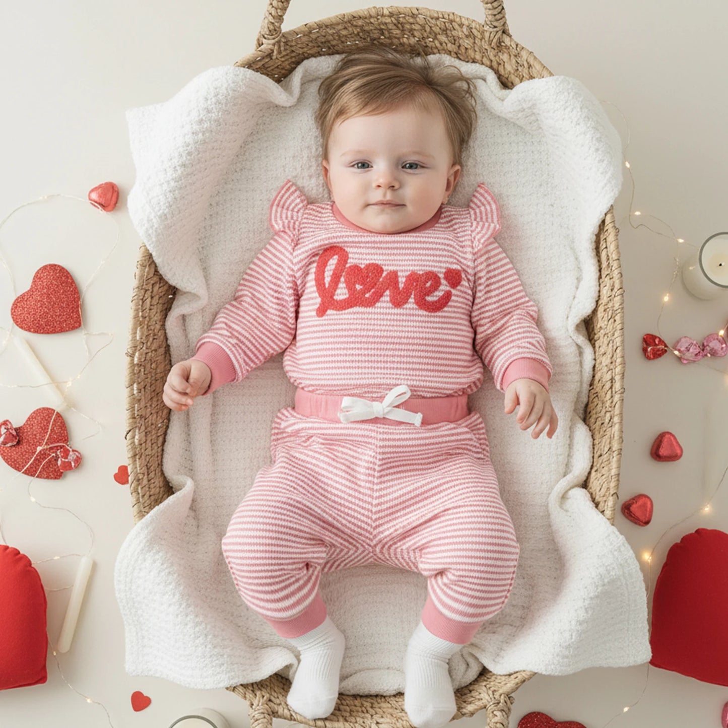 Baby Girls 2Pcs Valentine's Day Clothes Sets Letters Embroidery Love Stripe Long Sleeve Romper with Pants 2Pcs Set