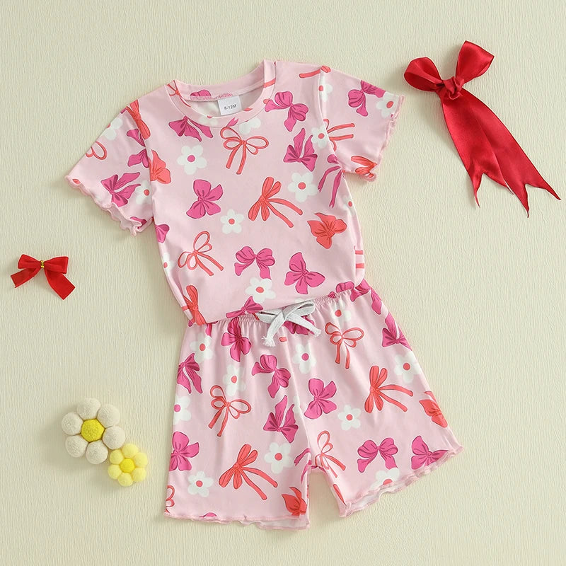 Baby Toddler Girls 2Pcs Summer Spring Outfit Short Sleeve Bow Strawberry Flower Floral Print Top + Shorts Set Clothes