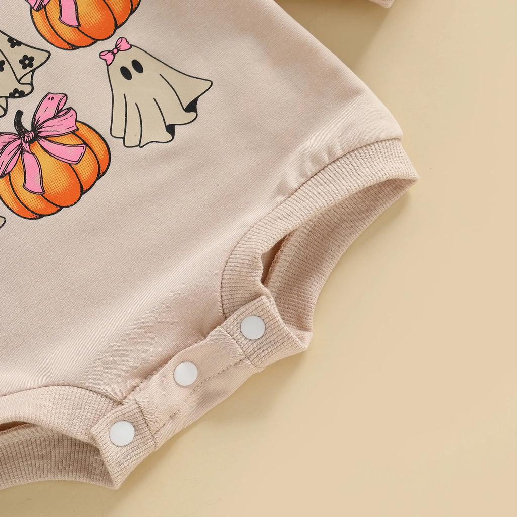 Baby Girl Halloween Bodysuit Long Sleeve Bow Ghost Pumpkin Print Bubble Romper Fall Playsuit