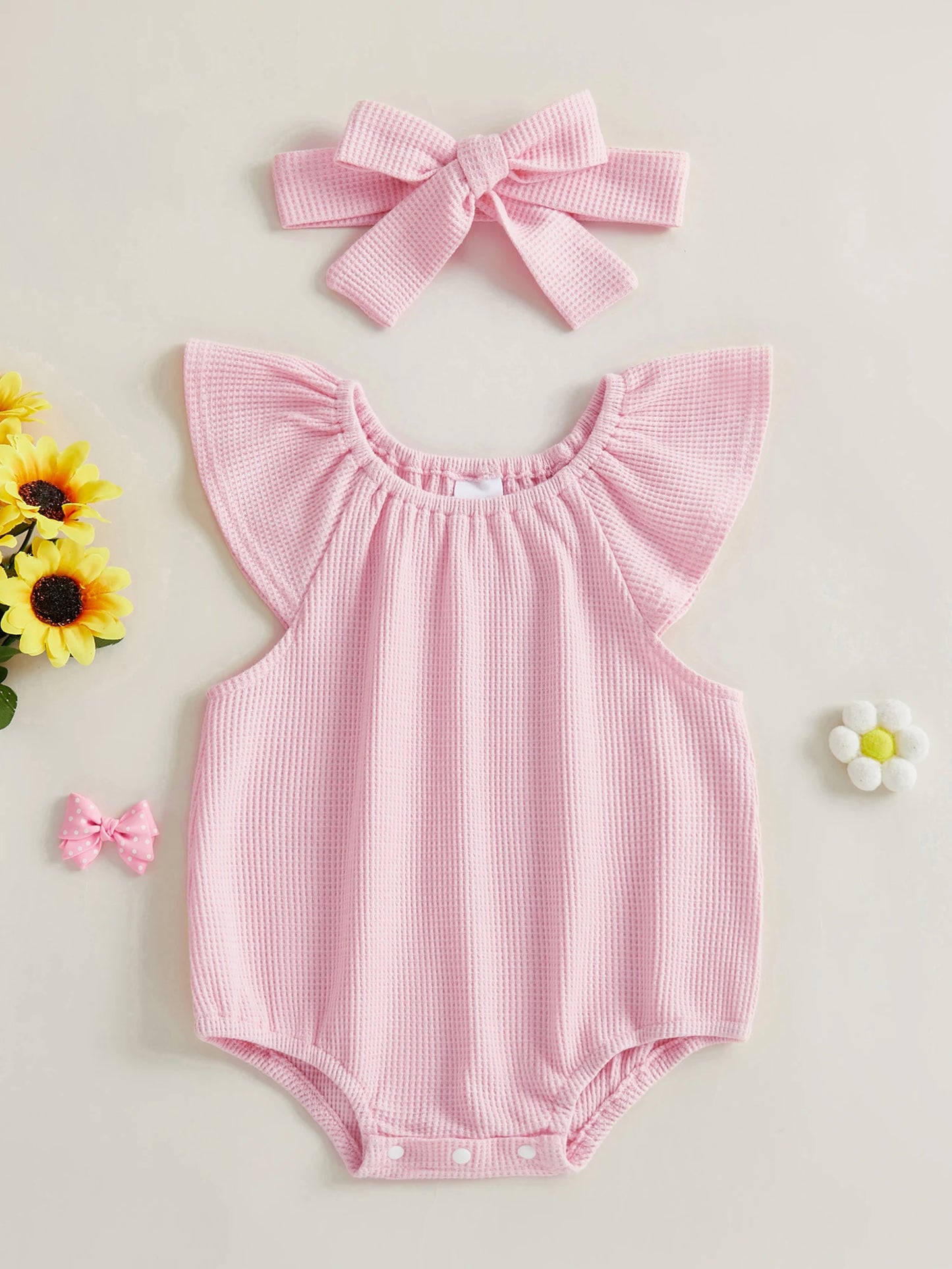 Baby Girl 2Pcs Spring Summer Waffle Romper Short Flying Sleeve O Neck Solid Color Romper with Headband Set