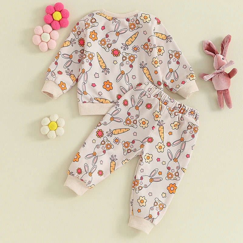 Baby Toddler Boy Girl 2Pcs Easter Outfit Long Sleeve Bunny Rabbit Carrot Print Top with Jogger Pants Set