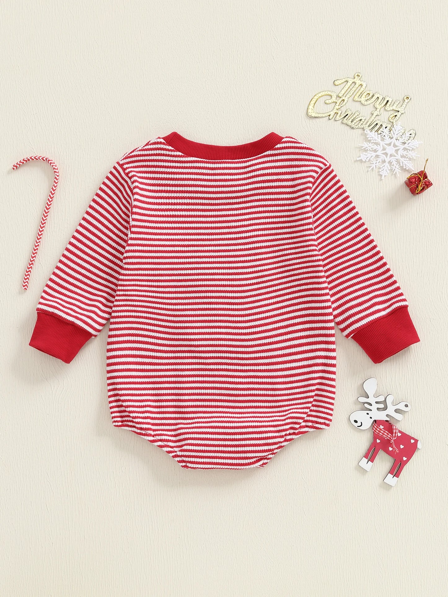 Baby Boys Girls Striped Romper Fashionable Christmas Reindeer Embroidery Round Neck Long Sleeve Jumpsuit