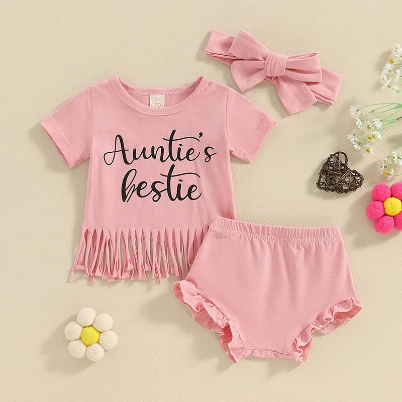 Toddler Baby Girl 3Pcs Auntie's Bestie Set Print Short Sleeve Crew Neck T-Shirt Frill Shorts Headband Set