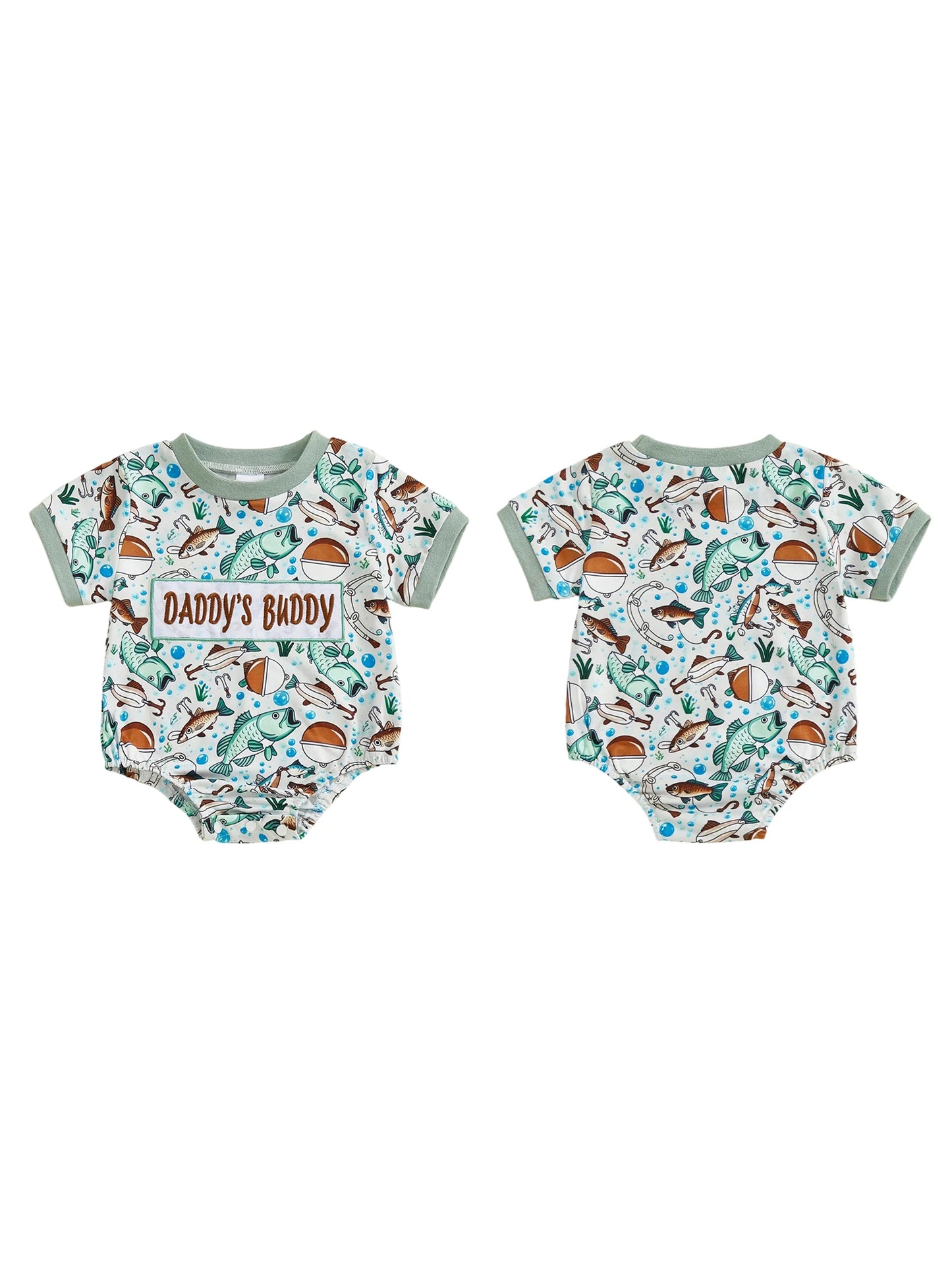 Baby Boy Daddy's Buddy / Boy Romper Adorable Fish Print Letter Embroidery Short Sleeve Round Neck Jumpsuit