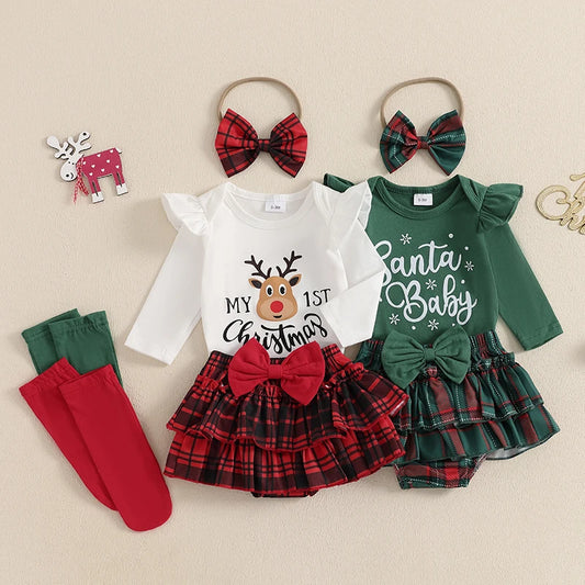 Baby Toddler Girls 4Pcs My 1st Christmas / Santa Baby First Outfit Letter Reindeer Ruffle Long Sleeve Romper Plaid Layered Ruffle Shorts Skirt Bloomers Socks Headband Bow Set