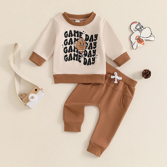 Baby Toddler Boys 2Pcs Game Day Set Long Sleeve Crew Neck Letter Football Print Top with Elastic Waist Pants Outfit