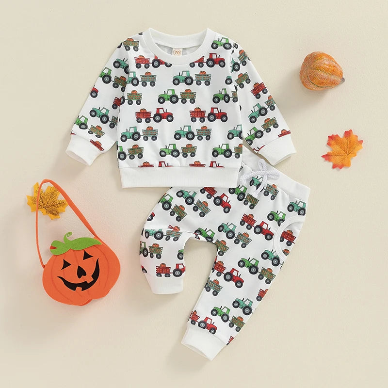 Baby Toddler Boys 2Pcs Fall Outfit Long Sleeve Tractor Print Top + Pants Set