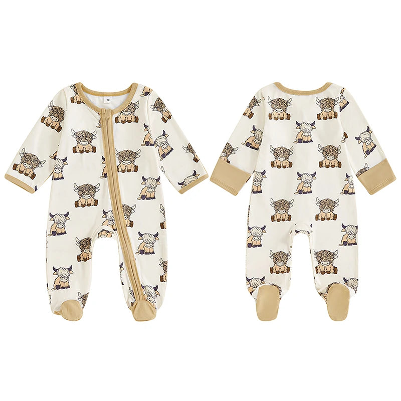 Baby Boys Girls Western Footed Jumpsuit Long Sleeve Crew Neck Cow Print Zipper Romper